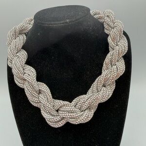 Silver Tone Braided Rhinestone Mesh Knot Statement Necklace